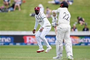 HAMILTON, NEW ZEALAND - DECEMBER 03: Darren Bravo of the West Indies fields the ball during day one of the First Test match in the series between New Zealand and the West Indies at Seddon Park on December 03, 2020 in Hamilton, New Zealand. (Photo by Kai Schwoerer/Getty Images)