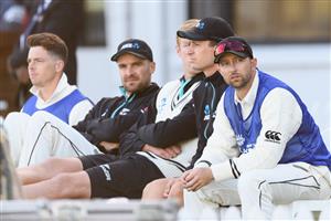 HAMILTON, NEW ZEALAND - DECEMBER 03: Devon Conway of New Zealand (R) looks on during day one of the First Test match in the series between New Zealand and the West Indies at Seddon Park on December 03, 2020 in Hamilton, New Zealand. (Photo by Kai Schwoerer/Getty Images)