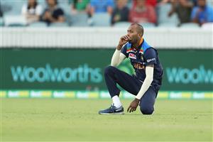 CANBERRA, AUSTRALIA - DECEMBER 02: Hardik Pandya of India looks dejected after a missed run out chance during game three of the One Day International series between Australia and India at Manuka Oval on December 02, 2020 in Canberra, Australia. (Photo by Mark Kolbe/Getty Images)