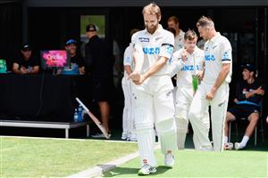 HAMILTON, NEW ZEALAND - DECEMBER 03: Captain Kane Williamson of New Zealand and his team mates look on during day one of the First Test match in the series between New Zealand and the West Indies at Seddon Park on December 03, 2020 in Hamilton, New Zealand. (Photo by Kai Schwoerer/Getty Images)