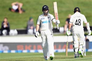 HAMILTON, NEW ZEALAND - DECEMBER 03: Kane Williamson of New Zealand celebrates his half century during day one of the First Test match in the series between New Zealand and the West Indies at Seddon Park on December 03, 2020 in Hamilton, New Zealand. (Photo by Kai Schwoerer/Getty Images)