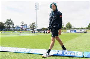 HAMILTON, NEW ZEALAND - DECEMBER 03: Mitchell Santner of New Zealand looks on prior to day one of the First Test match in the series between New Zealand and the West Indies at Seddon Park on December 03, 2020 in Hamilton, New Zealand. (Photo by Kai Schwoerer/Getty Images)