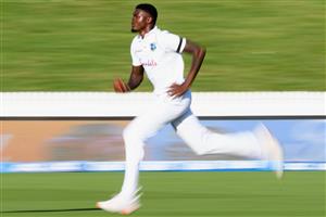 HAMILTON, NEW ZEALAND - DECEMBER 03: Alzarri Joseph of the West Indies runs in to bowl during day one of the First Test match in the series between New Zealand and the West Indies at Seddon Park on December 03, 2020 in Hamilton, New Zealand. (Photo by Kai Schwoerer/Getty Images)