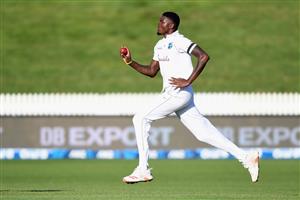 HAMILTON, NEW ZEALAND - DECEMBER 03: Alzarri Joseph of the West Indies runs in to bowl during day one of the First Test match in the series between New Zealand and the West Indies at Seddon Park on December 03, 2020 in Hamilton, New Zealand. (Photo by Kai Schwoerer/Getty Images)