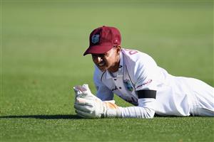 HAMILTON, NEW ZEALAND - DECEMBER 03: Shane Dowrich of the West Indies reacts after missing a catch during day one of the First Test match in the series between New Zealand and the West Indies at Seddon Park on December 03, 2020 in Hamilton, New Zealand. (Photo by Kai Schwoerer/Getty Images)