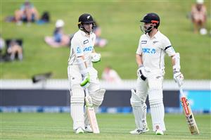 HAMILTON, NEW ZEALAND - DECEMBER 03: Tom Latham and Kane Williamson of New Zealand (L-R) look on during day one of the First Test match in the series between New Zealand and the West Indies at Seddon Park on December 03, 2020 in Hamilton, New Zealand. (Photo by Kai Schwoerer/Getty Images)