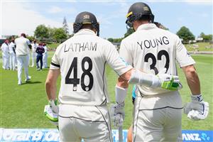 HAMILTON, NEW ZEALAND - DECEMBER 03: Openers Tom Latham and Will Young of New Zealand (L-R) walk out to bat during day one of the First Test match in the series between New Zealand and the West Indies at Seddon Park on December 03, 2020 in Hamilton, New Zealand. (Photo by Kai Schwoerer/Getty Images)