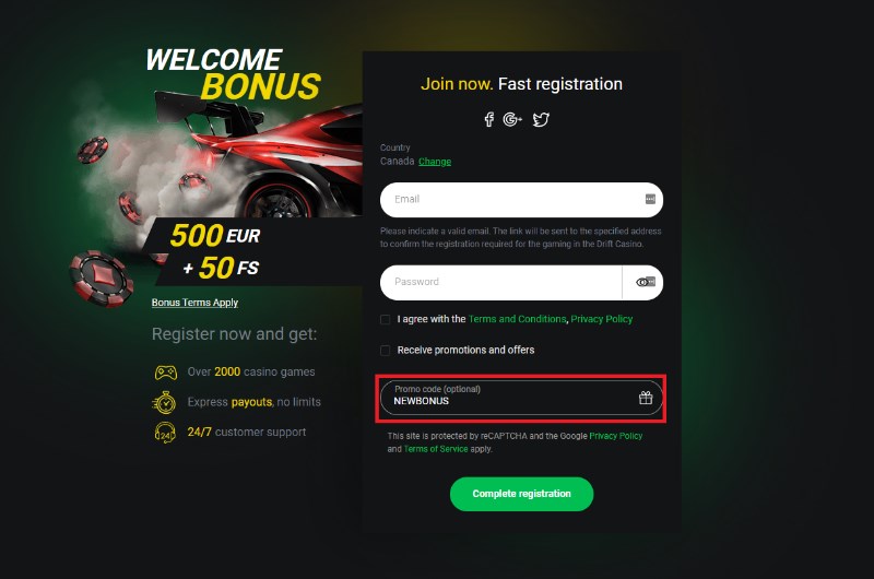 Забрать свой бездепозитный бонус в Casino Drift