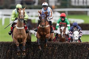 ESHER, ENGLAND - DECEMBER 04: Jamie Moore riding Darebin (C) on their way to winning The Londesborough Handicap Chase at Sandown Park on December 04, 2020 in Esher, England. Owners and a limited number of the public are allowed to attend the meeting due to the Coronavirus pandemic. (Photo by Alan Crowhurst/Getty Images)