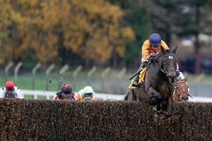 ESHER, ENGLAND - DECEMBER 04: Harry Skelton riding Alnadam (orange) clear the last to win The My Oddsboost On Betfair Novices' Limited Handicap Chase at Sandown Park on December 04, 2020 in Esher, England. Owners and a limited number of the public are allowed to attend the meeting due to the Coronavirus pandemic. (Photo by Alan Crowhurst/Getty Images)