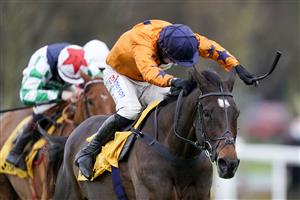 ESHER, ENGLAND - DECEMBER 04: Harry Skelton riding Alnadam (orange) clear the last to win The My Oddsboost On Betfair Novices' Limited Handicap Chase at Sandown Park on December 04, 2020 in Esher, England. Owners and a limited number of the public are allowed to attend the meeting due to the Coronavirus pandemic. (Photo by Alan Crowhurst/Getty Images)