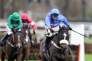 ESHER, ENGLAND - DECEMBER 04: Nico de Boinville riding Star Gate (blue) clear the last to win The Ballymore Winter Novices' Hurdle at Sandown Park on December 04, 2020 in Esher, England. Owners and a limited number of the public are allowed to attend the meeting due to the Coronavirus pandemic. (Photo by Alan Crowhurst/Getty Images)