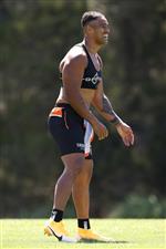 SYDNEY, AUSTRALIA - DECEMBER 07: Michael Chee-Kam share a laugh with his team mates during the Wests Tigers NRL training session at St. Luke's Park North on December 07, 2020 in Sydney, Australia. (Photo by Mark Kolbe/Getty Images)