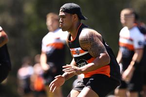 SYDNEY, AUSTRALIA - DECEMBER 07: Joe Ofahengaue runs a drill during the Wests Tigers NRL training session at St. Luke's Park North on December 07, 2020 in Sydney, Australia. (Photo by Mark Kolbe/Getty Images)