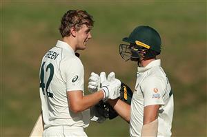 SYDNEY, AUSTRALIA - DECEMBER 07: Cameron Green of Australia A celebrates with Mark Steketee of Australia A after hitting a century during day two of the three-day tour match between Australia A and India A at Drummoyne Oval on December 07, 2020 in Sydney, Australia. (Photo by Mark Metcalfe/Getty Images)