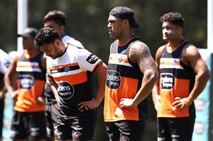 SYDNEY, AUSTRALIA - DECEMBER 07: Joe Ofahengaue looks on during a drill at the Wests Tigers NRL training session at St. Luke's Park North on December 07, 2020 in Sydney, Australia. (Photo by Mark Kolbe/Getty Images)