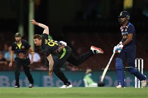 SYDNEY, AUSTRALIA - DECEMBER 06: Daniel Sams of Australia bowls during game two of the Twenty20 International series between Australia and India at Sydney Cricket Ground on December 06, 2020 in Sydney, Australia. (Photo by Ryan Pierse/Getty Images)
