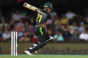 SYDNEY, AUSTRALIA - DECEMBER 06: Moises Henrquies of Australia bats during game two of the Twenty20 International series between Australia and India at Sydney Cricket Ground on December 06, 2020 in Sydney, Australia. (Photo by Ryan Pierse/Getty Images)