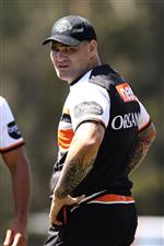 SYDNEY, AUSTRALIA - DECEMBER 07: Russel Packer watches on during the Wests Tigers NRL training session at St. Luke's Park North on December 07, 2020 in Sydney, Australia. (Photo by Mark Kolbe/Getty Images)