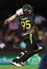 SYDNEY, AUSTRALIA - DECEMBER 06: Daniel Sams of Australia bats during game two of the Twenty20 International series between Australia and India at Sydney Cricket Ground on December 06, 2020 in Sydney, Australia. (Photo by Ryan Pierse/Getty Images)