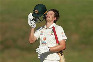 SYDNEY, AUSTRALIA - DECEMBER 07: Cameron Green of Australia A celebrates after hitting a century during day two of the three-day tour match between Australia A and India A at Drummoyne Oval on December 07, 2020 in Sydney, Australia. (Photo by Mark Metcalfe/Getty Images)
