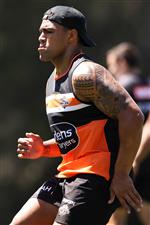 SYDNEY, AUSTRALIA - DECEMBER 07: Joe Ofahengaue runs during a drill at the Wests Tigers NRL training session at St. Luke's Park North on December 07, 2020 in Sydney, Australia. (Photo by Mark Kolbe/Getty Images)