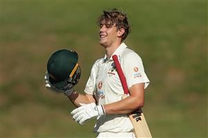 SYDNEY, AUSTRALIA - DECEMBER 07: Cameron Green of Australia A celebrates after hitting a century during day two of the three-day tour match between Australia A and India A at Drummoyne Oval on December 07, 2020 in Sydney, Australia. (Photo by Mark Metcalfe/Getty Images)