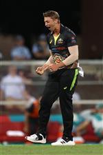 SYDNEY, AUSTRALIA - DECEMBER 06: Daniel Sams of Australia celebrates getting the wicket of Virat Kohli of India during game two of the Twenty20 International series between Australia and India at Sydney Cricket Ground on December 06, 2020 in Sydney, Australia. (Photo by Ryan Pierse/Getty Images)