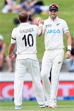 HAMILTON, NEW ZEALAND - DECEMBER 06: Neil Wagner of New Zealand is congratulated by Tim Southee of New Zealand (L-R) after taking the final wicket during day four of the First Test match in the series between New Zealand and the West Indies at Seddon Park on December 06, 2020 in Hamilton, New Zealand. (Photo by Kai Schwoerer/Getty Images)