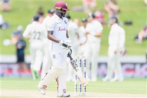 HAMILTON, NEW ZEALAND - DECEMBER 06: Jermaine Blackwood of the West Indies looks dejected after being dismissed by Neil Wagner of New Zealand during day four of the First Test match in the series between New Zealand and the West Indies at Seddon Park on December 06, 2020 in Hamilton, New Zealand. (Photo by Kai Schwoerer/Getty Images)