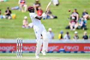 HAMILTON, NEW ZEALAND - DECEMBER 06: Alzarri Joseph of the West Indies bats during day four of the First Test match in the series between New Zealand and the West Indies at Seddon Park on December 06, 2020 in Hamilton, New Zealand. (Photo by Kai Schwoerer/Getty Images)