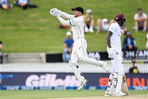 HAMILTON, NEW ZEALAND - DECEMBER 06: Tom Blundell of New Zealand fields the ball during day four of the First Test match in the series between New Zealand and the West Indies at Seddon Park on December 06, 2020 in Hamilton, New Zealand. (Photo by Kai Schwoerer/Getty Images)