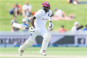 HAMILTON, NEW ZEALAND - DECEMBER 06: Jermaine Blackwood of the West Indies makes a run during day four of the First Test match in the series between New Zealand and the West Indies at Seddon Park on December 06, 2020 in Hamilton, New Zealand. (Photo by Kai Schwoerer/Getty Images)