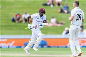 HAMILTON, NEW ZEALAND - DECEMBER 06: Alzarri Joseph of the West Indies makes a run during day four of the First Test match in the series between New Zealand and the West Indies at Seddon Park on December 06, 2020 in Hamilton, New Zealand. (Photo by Kai Schwoerer/Getty Images)