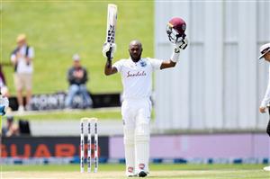 HAMILTON, NEW ZEALAND - DECEMBER 06: Jermaine Blackwood of the West Indies celebrates his century during day four of the First Test match in the series between New Zealand and the West Indies at Seddon Park on December 06, 2020 in Hamilton, New Zealand. (Photo by Kai Schwoerer/Getty Images)