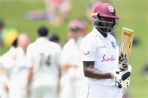 HAMILTON, NEW ZEALAND - DECEMBER 06: Jermaine Blackwood of the West Indies looks dejected after being dismissed by Neil Wagner of New Zealand during day four of the First Test match in the series between New Zealand and the West Indies at Seddon Park on December 06, 2020 in Hamilton, New Zealand. (Photo by Kai Schwoerer/Getty Images)