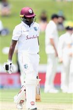 HAMILTON, NEW ZEALAND - DECEMBER 06: Jermaine Blackwood of the West Indies looks dejected after being dismissed by Neil Wagner of New Zealand during day four of the First Test match in the series between New Zealand and the West Indies at Seddon Park on December 06, 2020 in Hamilton, New Zealand. (Photo by Kai Schwoerer/Getty Images)