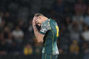 SYDNEY, AUSTRALIA - DECEMBER 05: Reece Hodge of the Wallabies reacts after missing a late kick at goal during the 2020 Tri-Nations match between the Australian Wallabies and the Argentina Pumas at Bankwest Stadium on December 05, 2020 in Sydney, Australia. (Photo by Mark Metcalfe/Getty Images)