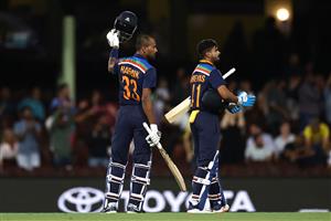 SYDNEY, AUSTRALIA - DECEMBER 06: Hardik Pandya and
Shreyas Iyer of India celebrate winning game two of the Twenty20 International series between Australia and India at Sydney Cricket Ground on December 06, 2020 in Sydney, Australia. (Photo by Ryan Pierse/Getty Images)