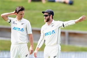 HAMILTON, NEW ZEALAND - DECEMBER 06: Trent Boult and Kane Williamson of New Zealand (L-R) react during day four of the First Test match in the series between New Zealand and the West Indies at Seddon Park on December 06, 2020 in Hamilton, New Zealand. (Photo by Kai Schwoerer/Getty Images)