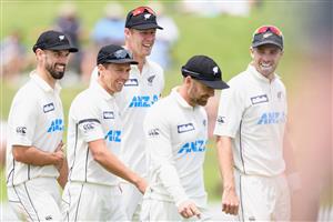 HAMILTON, NEW ZEALAND - DECEMBER 06: Daryl Mitchell, Trent Boult, Kyle Jamieson, Tom Blundell and Tim Southee of New Zealand (L-R) walk from the ground after the win on day four of the First Test match in the series between New Zealand and the West Indies at Seddon Park on December 06, 2020 in Hamilton, New Zealand. (Photo by Kai Schwoerer/Getty Images)