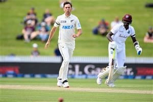 HAMILTON, NEW ZEALAND - DECEMBER 06: Trent Boult of New Zealand reacts during day four of the First Test match in the series between New Zealand and the West Indies at Seddon Park on December 06, 2020 in Hamilton, New Zealand. (Photo by Kai Schwoerer/Getty Images)