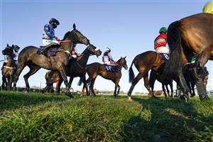 FONTWELL, ENGLAND - DECEMBER 08: A general view as runners circle at the start for The Christmas Offers At Champagne Piaff Novices' Handicap Hurdle at Fontwell Park Racecourse on December 08, 2020 in Fontwell, England. Owners and a limited number of the public are allowed to attend the meeting due to the Coronavirus pandemic. (Photo by Alan Crowhurst/Getty Images)