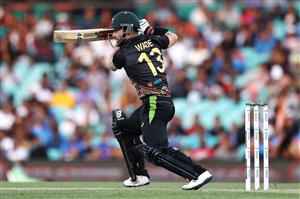 SYDNEY, AUSTRALIA - DECEMBER 08: Matthew Wade of Australia bats during game three of the Twenty20 International series between Australia and India at Sydney Cricket Ground on December 08, 2020 in Sydney, Australia. (Photo by Cameron Spencer/Getty Images)