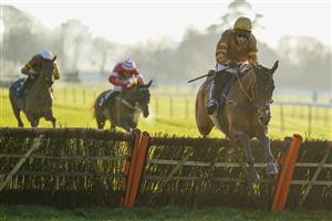 FONTWELL, ENGLAND - DECEMBER 08: Richard Johnson riding Little River Bay clear the last to win The Rose And Brut From Champagne Piaff Mares' Novices' Hurdle at Fontwell Park Racecourse on December 08, 2020 in Fontwell, England. Owners and a limited number of the public are allowed to attend the meeting due to the Coronavirus pandemic. (Photo by Alan Crowhurst/Getty Images)