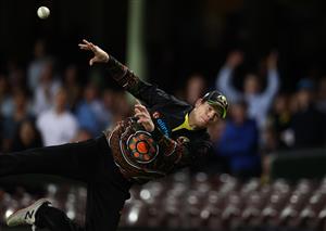 SYDNEY, AUSTRALIA - DECEMBER 08: Steve Smith of Australia dives to stop a boundary during game three of the Twenty20 International series between Australia and India at Sydney Cricket Ground on December 08, 2020 in Sydney, Australia. (Photo by Ryan Pierse/Getty Images)