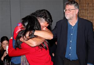 MELBOURNE, AUSTRALIA - DECEMBER 09: Connor Downie celebrates with his parents after his name is read out during the NAB AFL Draft on December 09, 2020 in Melbourne, Australia. (Photo by Michael Willson/AFL Photos via Getty Images)
