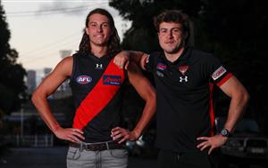 MELBOURNE, AUSTRALIA - DECEMBER 09: Archie Perkins poses for a photograph with Andy McGrath during the NAB AFL Draft on December 09, 2020 in Melbourne, Australia. (Photo by Michael Willson/AFL Photos via Getty Images)