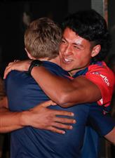 MELBOURNE, AUSTRALIA - DECEMBER 09: Bailey Laurie (left) and Connor Downie (right) embrace during the NAB AFL Draft on December 09, 2020 in Melbourne, Australia. (Photo by Michael Willson/AFL Photos via Getty Images)