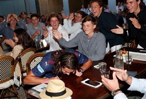 MELBOURNE, AUSTRALIA - DECEMBER 09: Archie Perkins celebrates as his name is called out during the NAB AFL Draft on December 09, 2020 in Melbourne, Australia. (Photo by Michael Willson/AFL Photos via Getty Images)